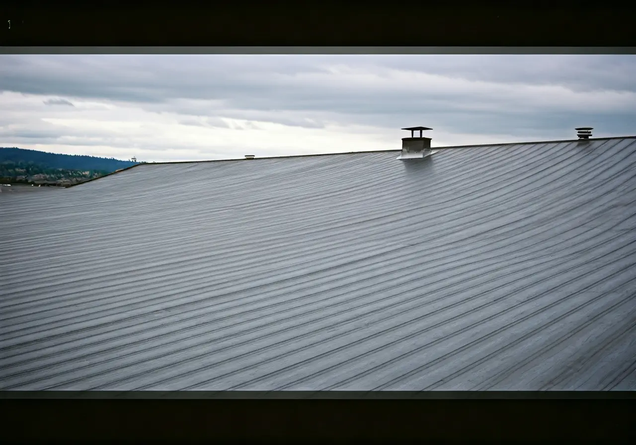 A rooftop with shiny composite tiles under cloudy Bellevue skies. 35mm stock photo