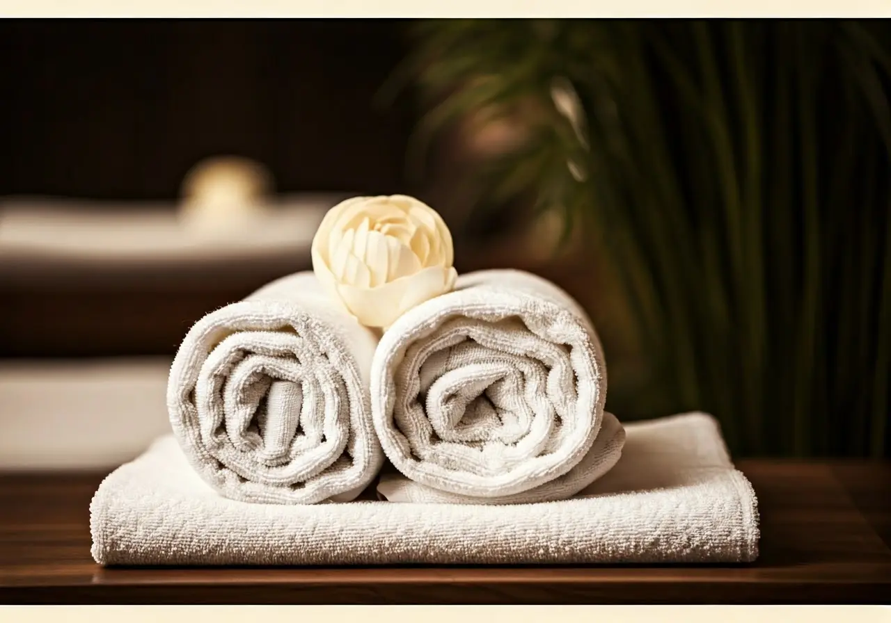 A serene spa setting with neatly folded white towels. 35mm stock photo