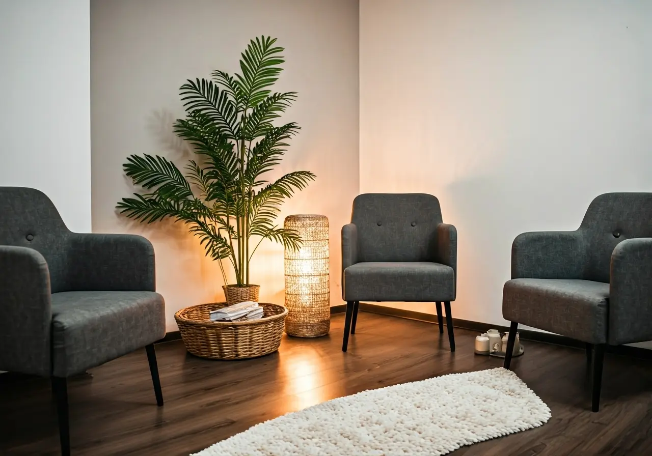 A calm therapist’s office with cozy chairs and soft lighting. 35mm stock photo