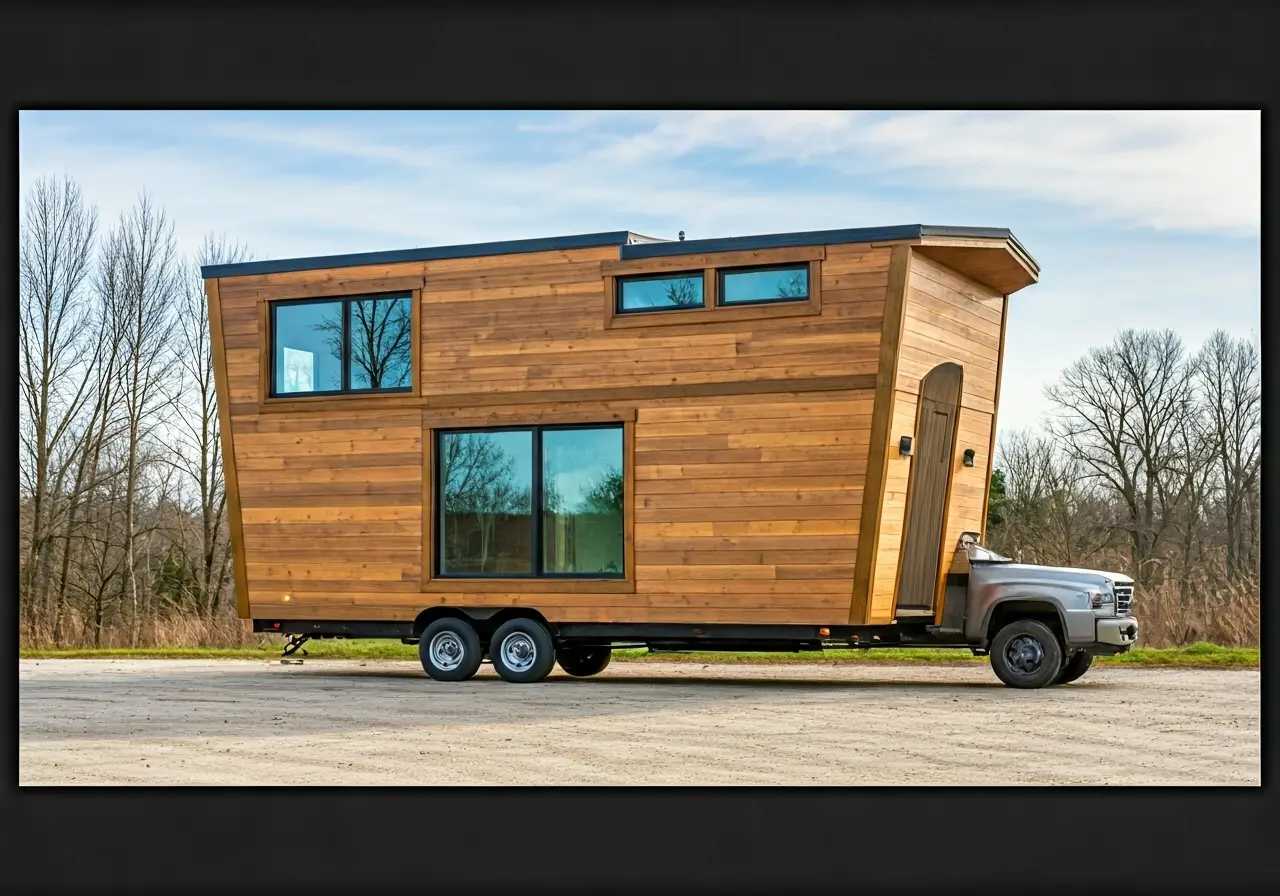 A tiny house on wheels being towed by a truck. 35mm stock photo