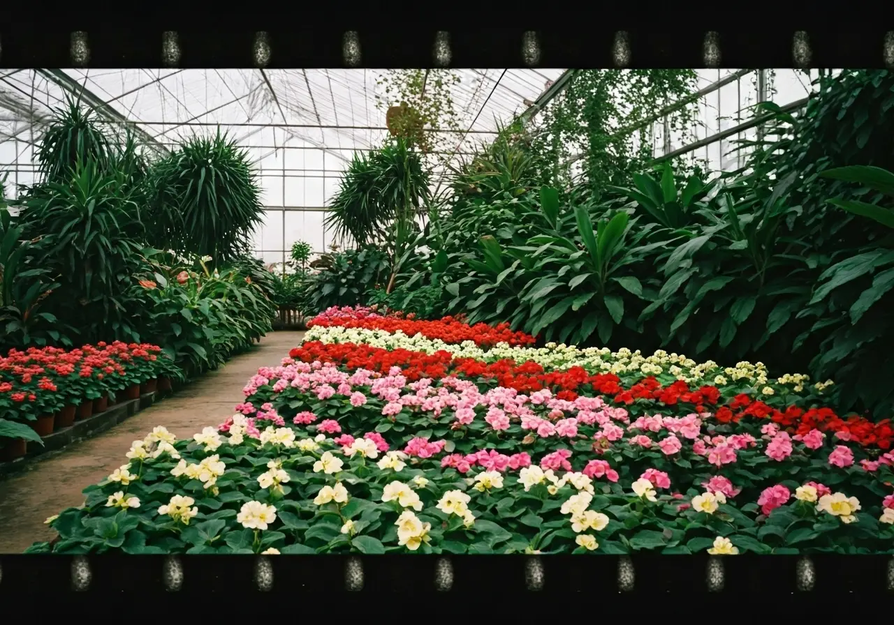 A lush greenhouse filled with vibrant, healthy plants and flowers. 35mm stock photo