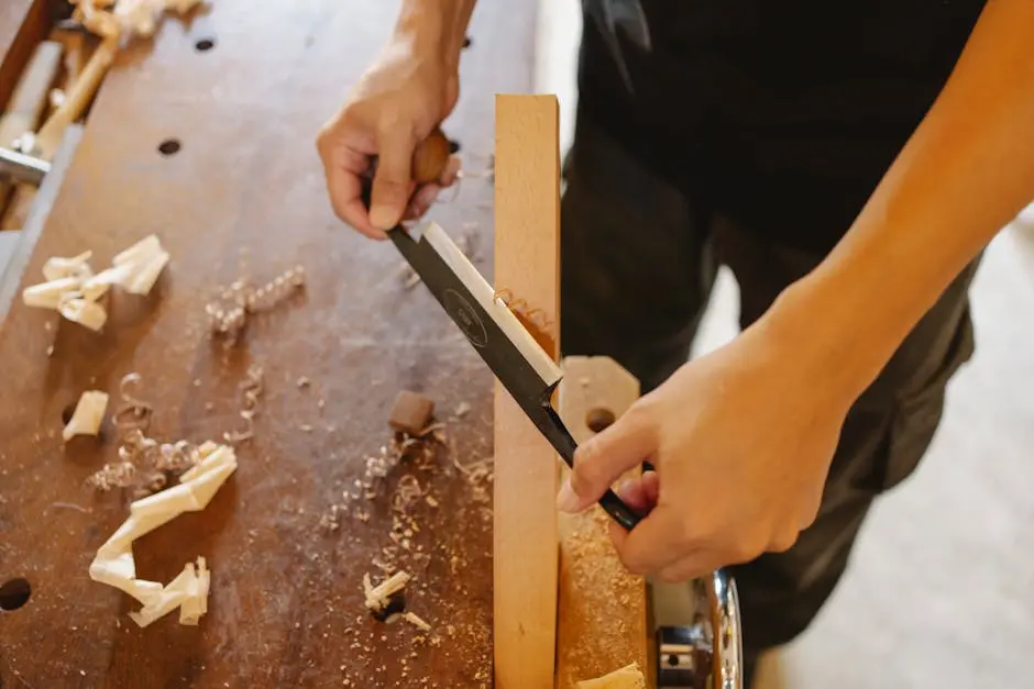 A skilled carpenter working on a wooden plank using a tool in a workshop setting.
