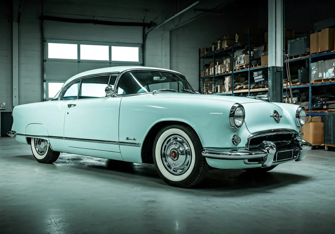 A pristine, shiny car in a clutter-free garage setting. 35mm stock photo