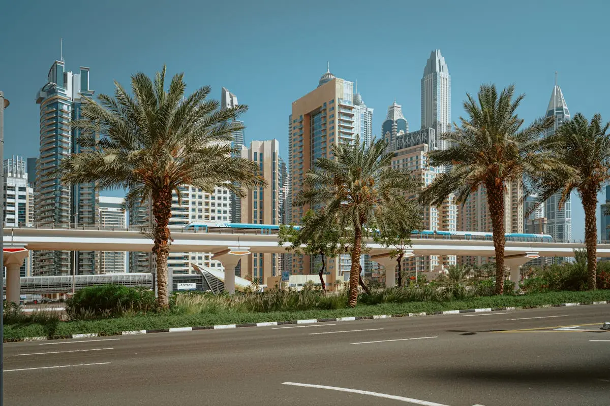 Stunning view of Dubai’s skyline with palm trees and metro line under a clear blue sky.