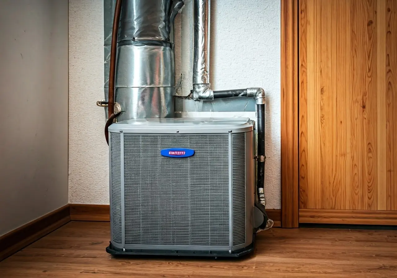 A well-maintained HVAC unit running efficiently in a cozy home. 35mm stock photo