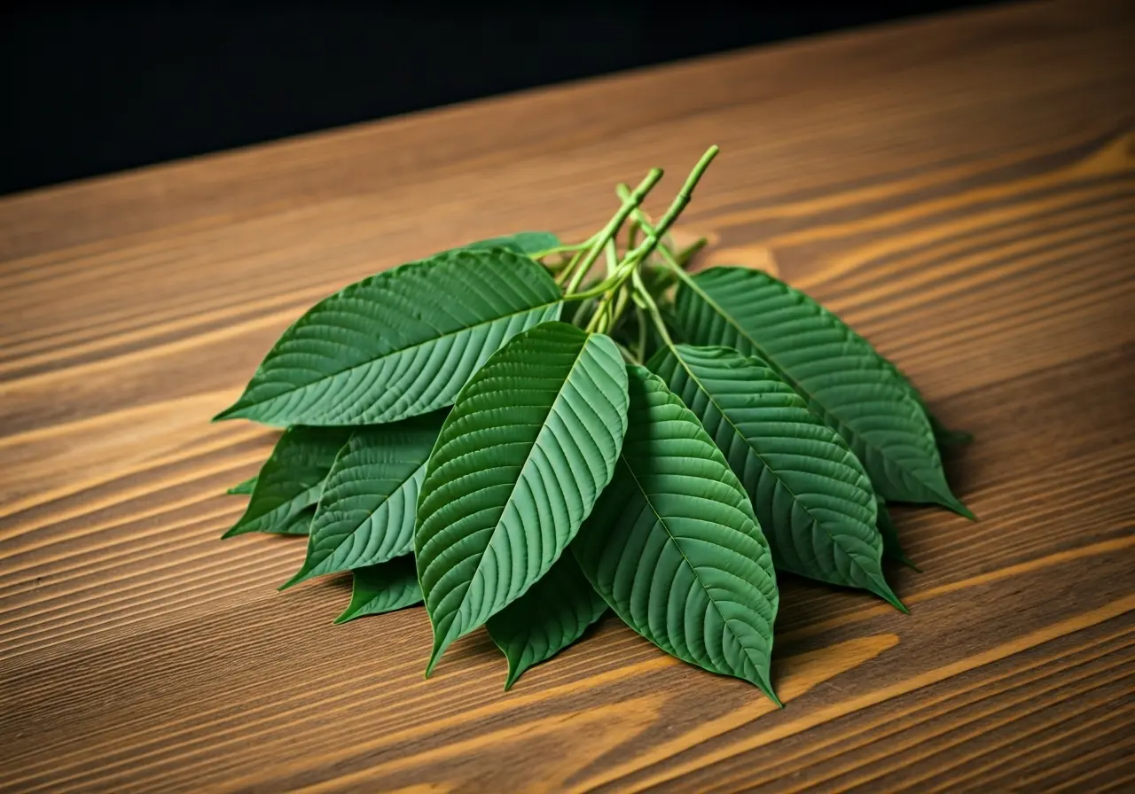 A display of green kratom leaves on a wooden table. 35mm stock photo