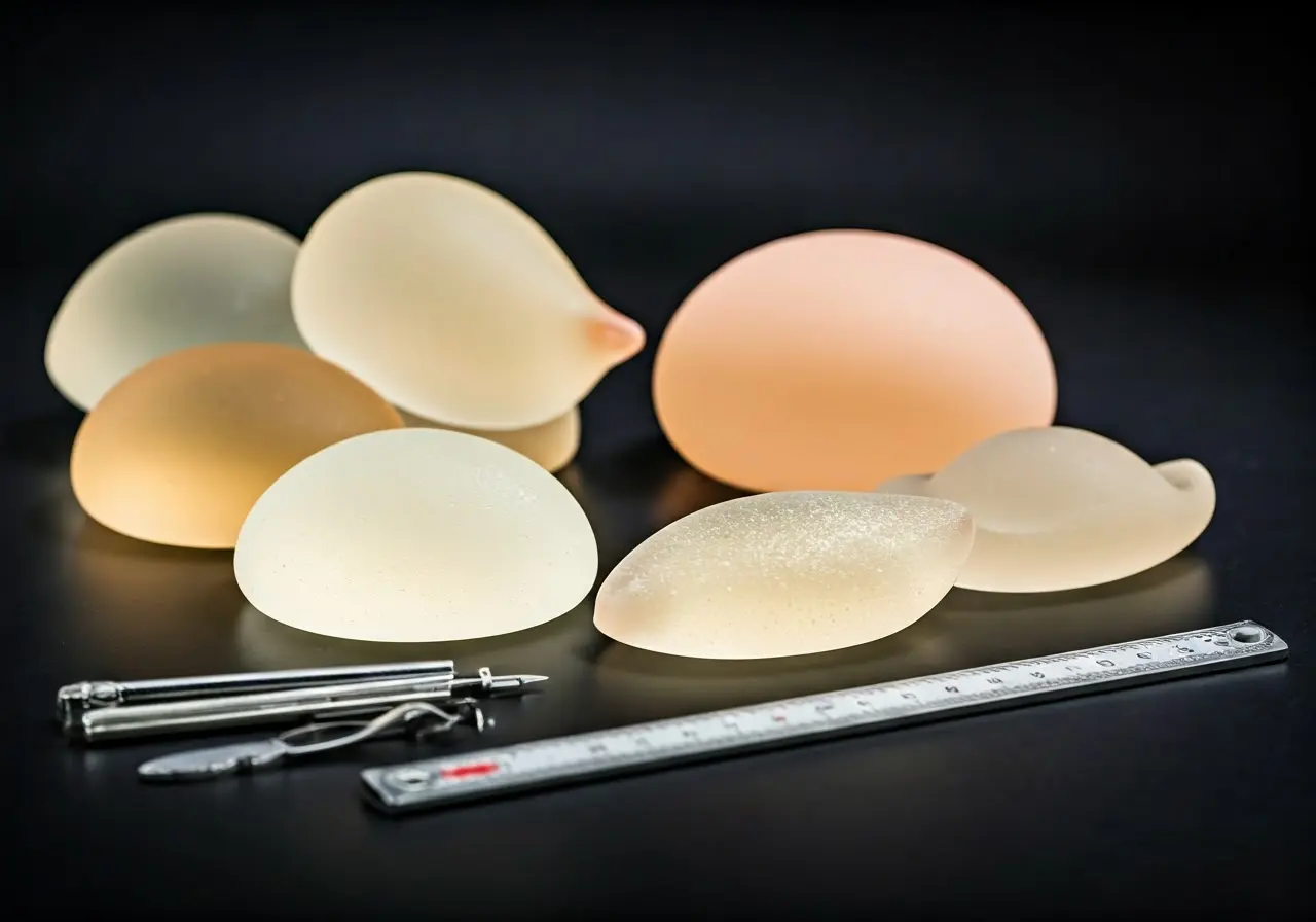 Various types of breast implants displayed with measuring tools. 35mm stock photo