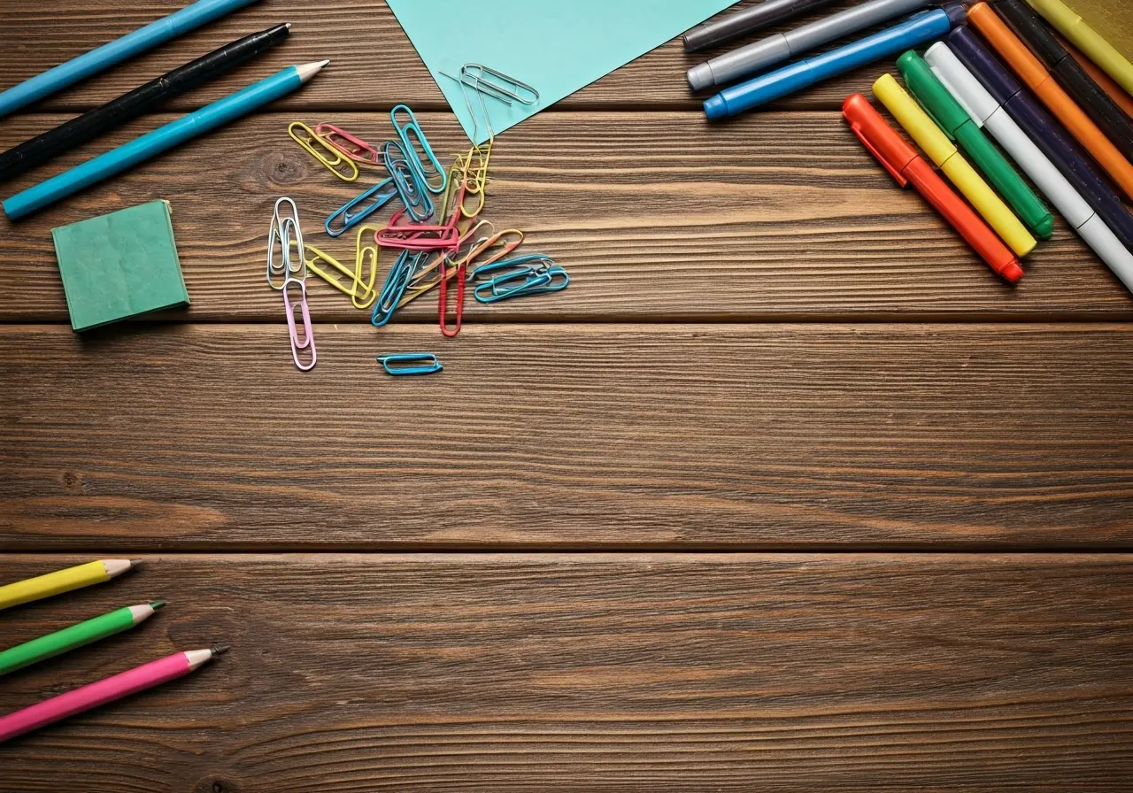 Colorful stationery and crafting supplies scattered on a wooden table. 35mm stock photo