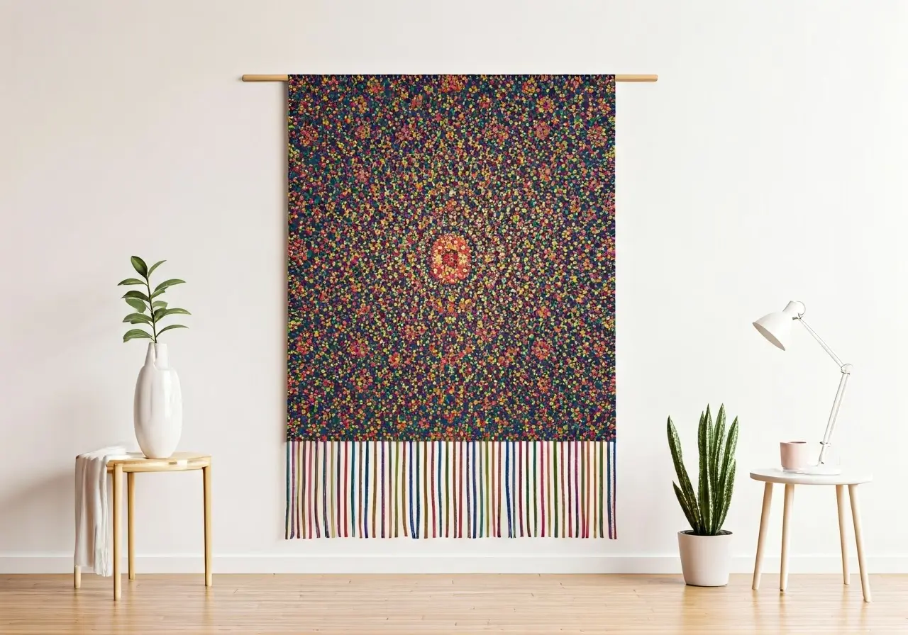 A colorful tapestry hanging on a minimalist white wall. 35mm stock photo