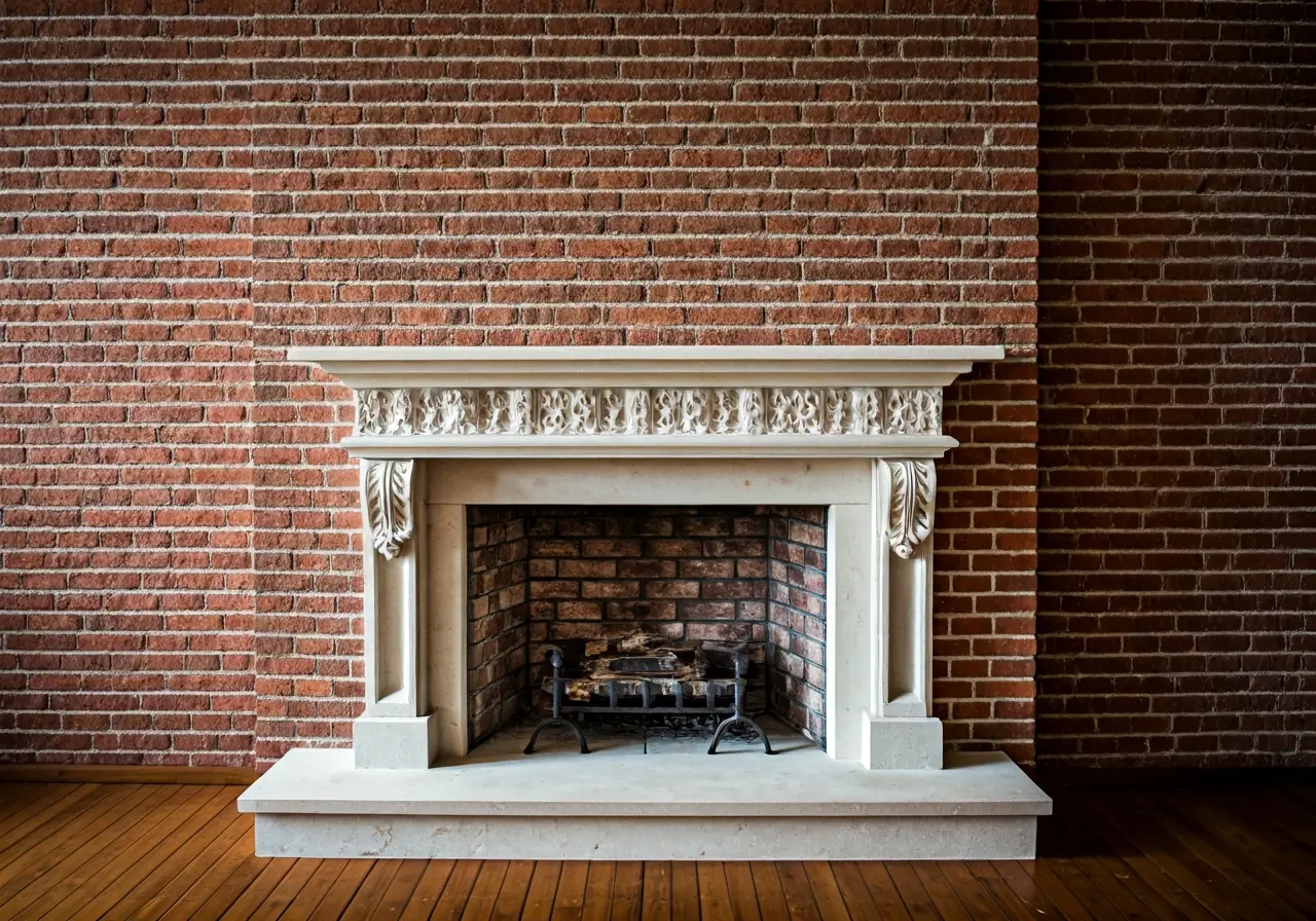 A classic brick fireplace with intricate stone accents. 35mm stock photo