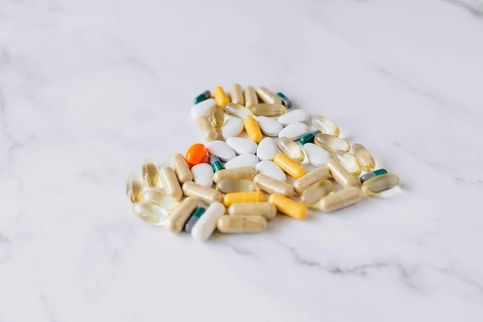 Close-up of various pills and supplements on a marble background, symbolizing health care and wellness.