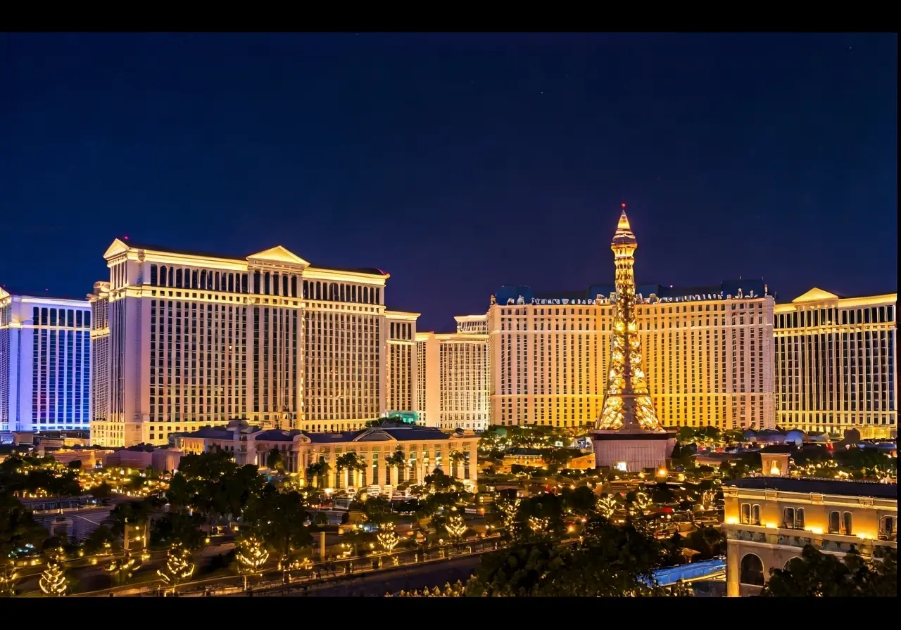 A vibrant Las Vegas skyline at dusk with bright lights. 35mm stock photo