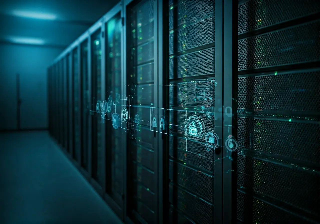 Server room with glowing lights and digital security icons. 35mm stock photo
