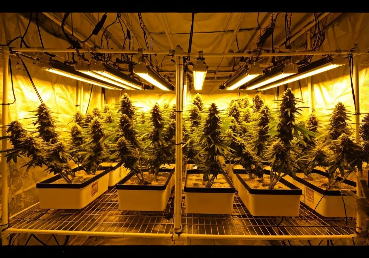 A well-lit cannabis cultivation room with hydroponic systems. 35mm stock photo