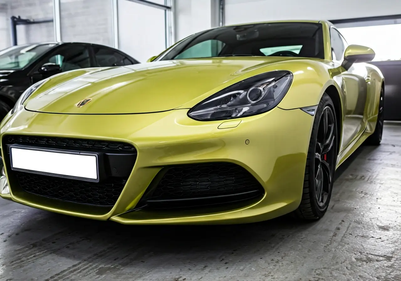 A shiny car reflecting sunlight after ceramic coating treatment. 35mm stock photo