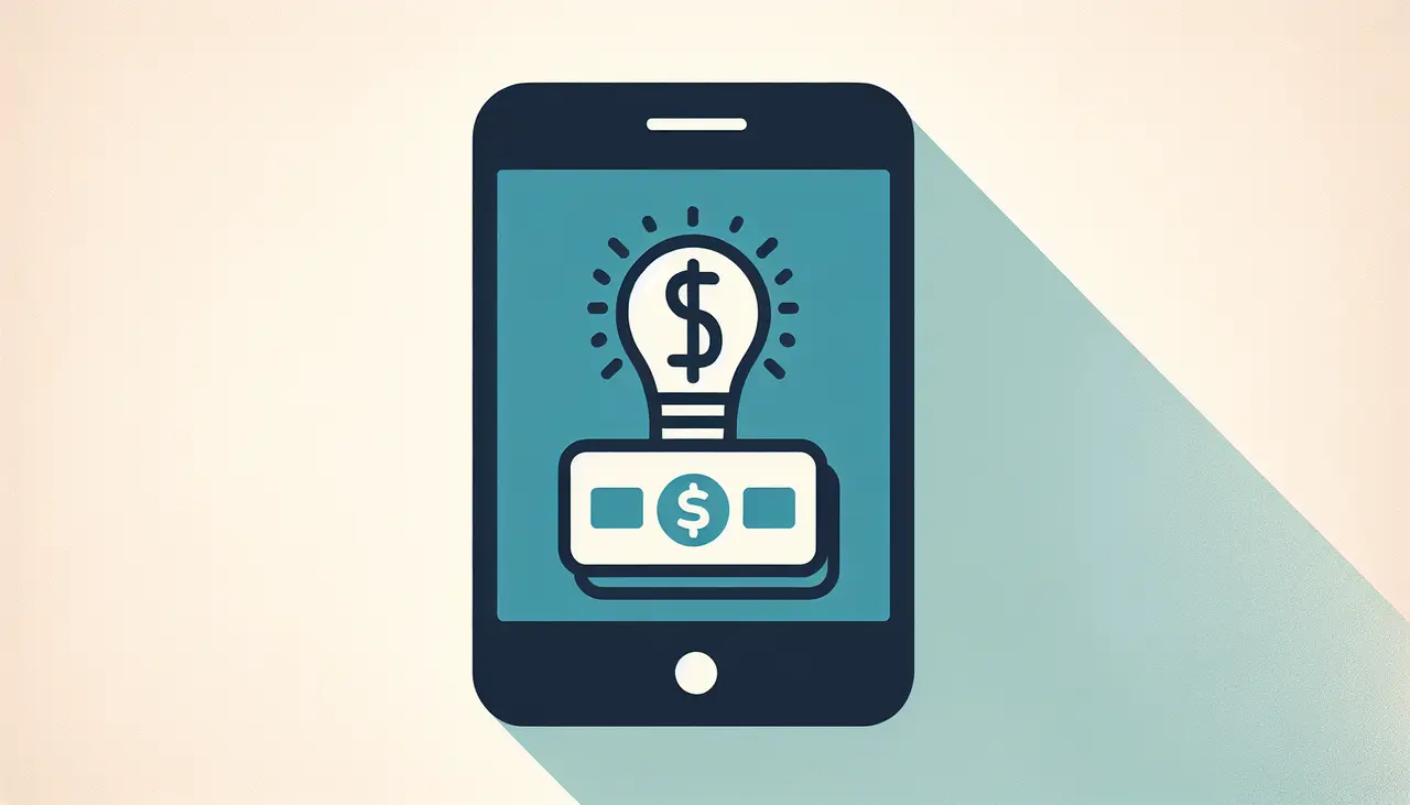 Draw a graphic in flat design style. A minimalist flat design illustration of a smartphone with a dollar sign and a lightbulb above it, symbolizing affordable app development for startups.