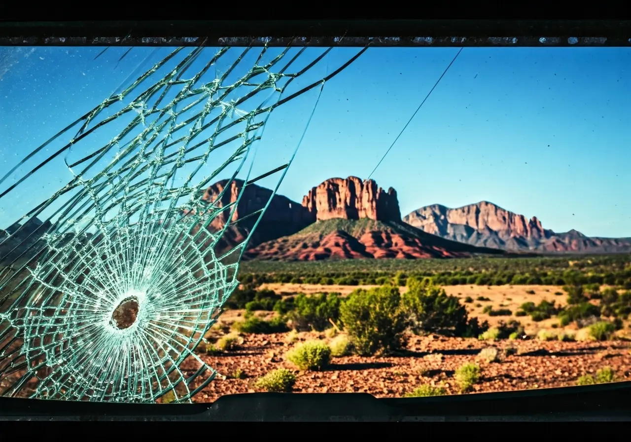 A cracked windshield with beautiful Scottsdale scenery in the background. 35mm stock photo