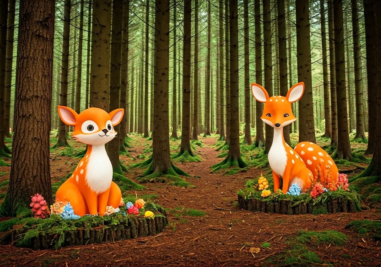 An enchanting woodland scene with colorful animal-themed decorations. 35mm stock photo