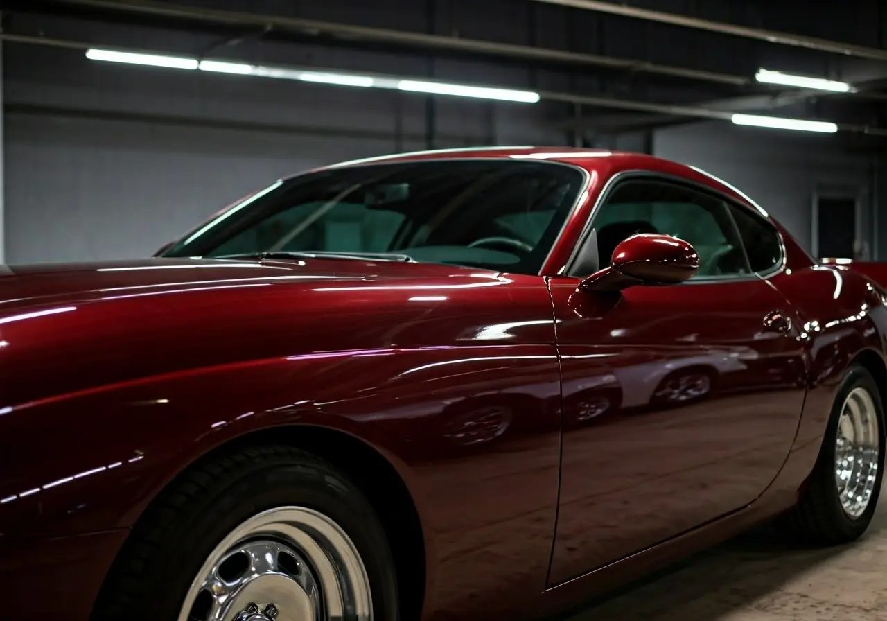 A close-up of a shiny, newly detailed car exterior. 35mm stock photo