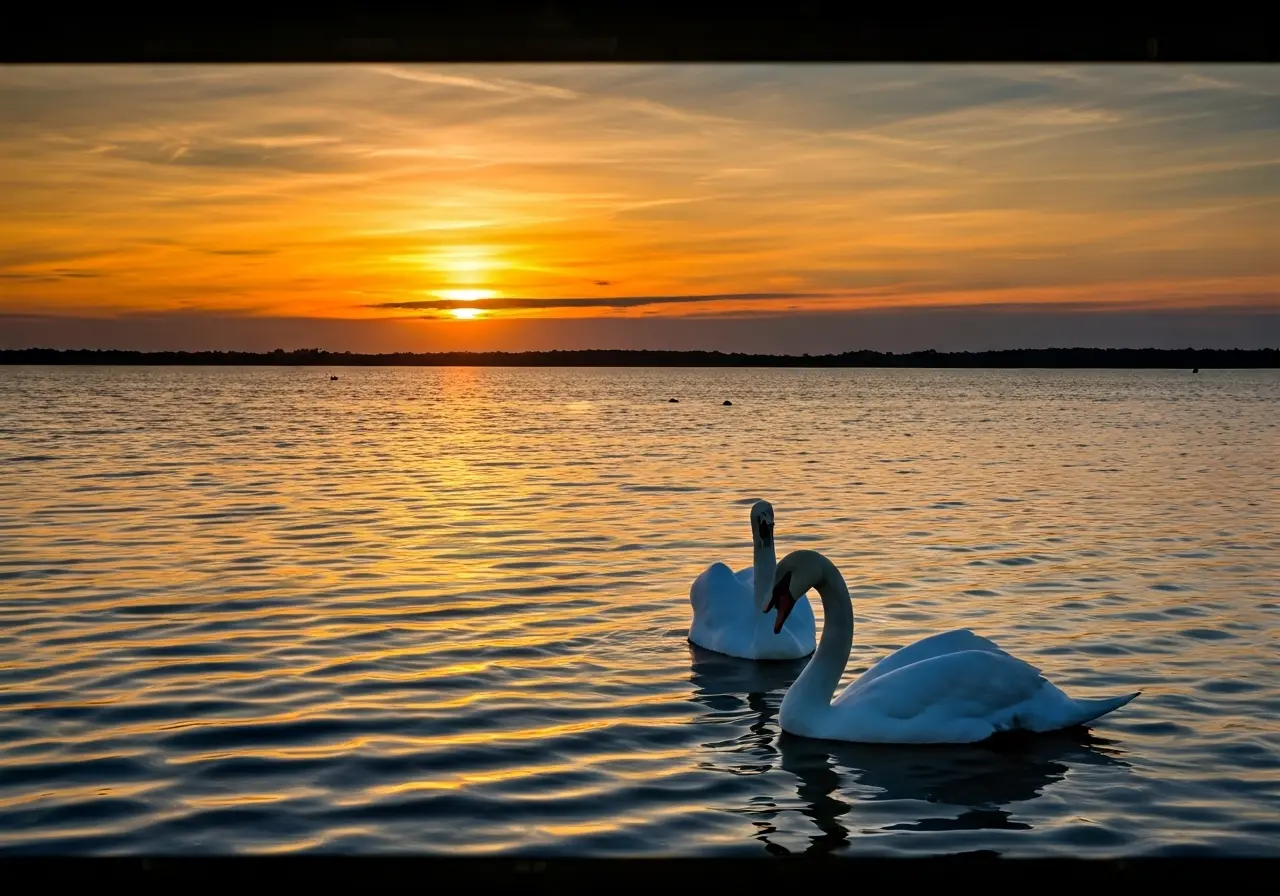 A serene sunset over a calm lake with two swans. 35mm stock photo