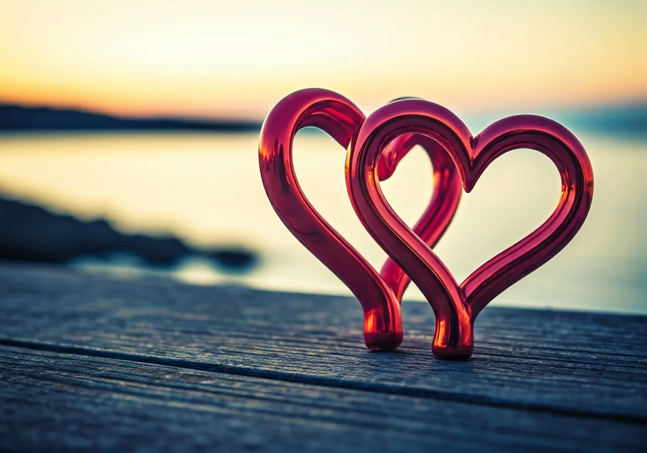 Two intertwined hearts on a blurred scenic background. 35mm stock photo