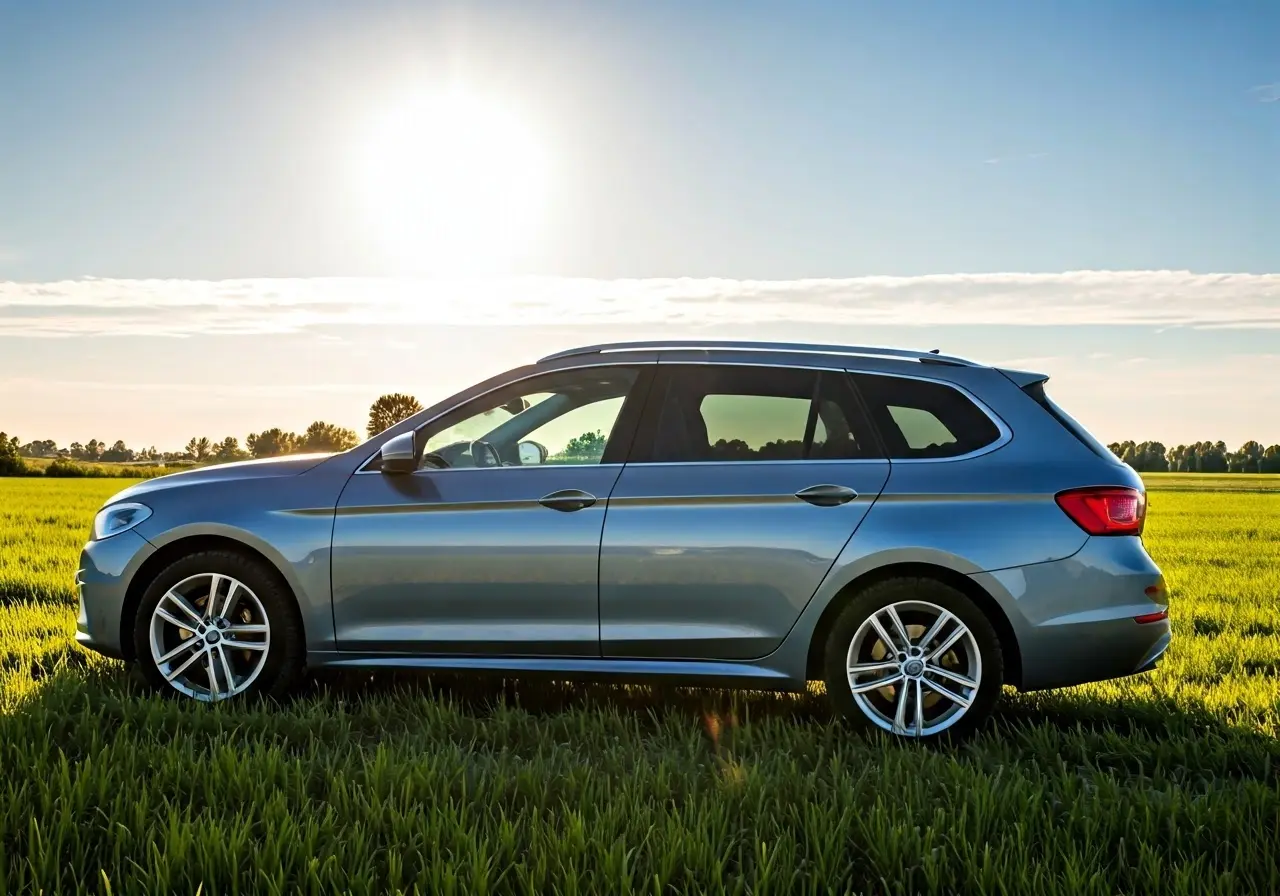 A car with open windows under a bright summer sun. 35mm stock photo