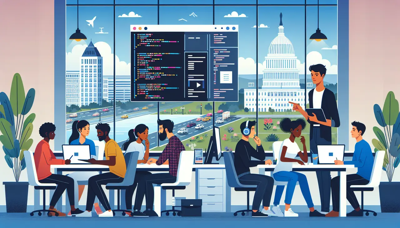 Draw a graphic in flat design style. A flat design illustration showing a diverse group of app developers collaborating in an office with Washington DC landmarks visible outside the window.