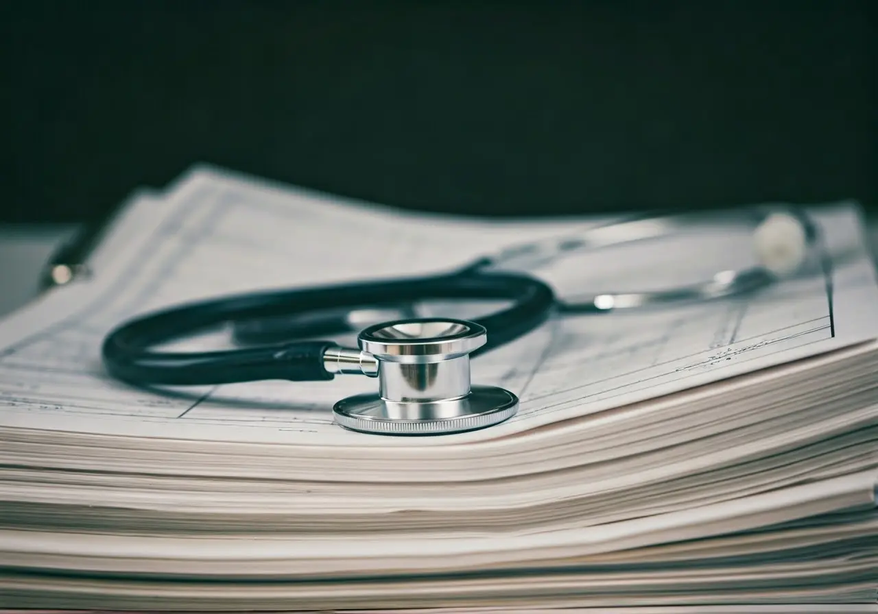 A stethoscope resting on a stack of medical charts. 35mm stock photo