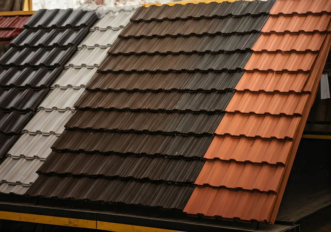 A selection of different metal roof panels on display. 35mm stock photo