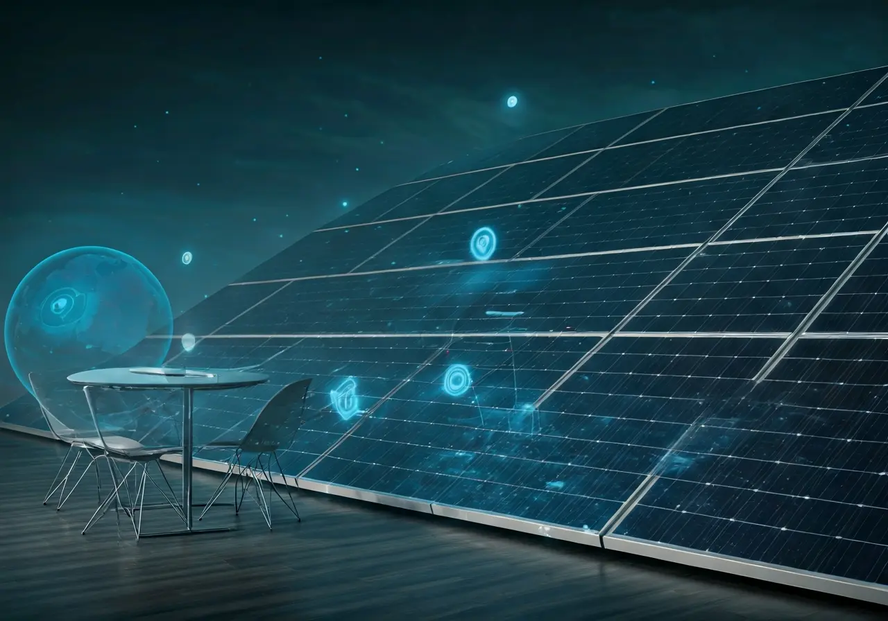 Smart home interior with connected devices and solar panels. 35mm stock photo
