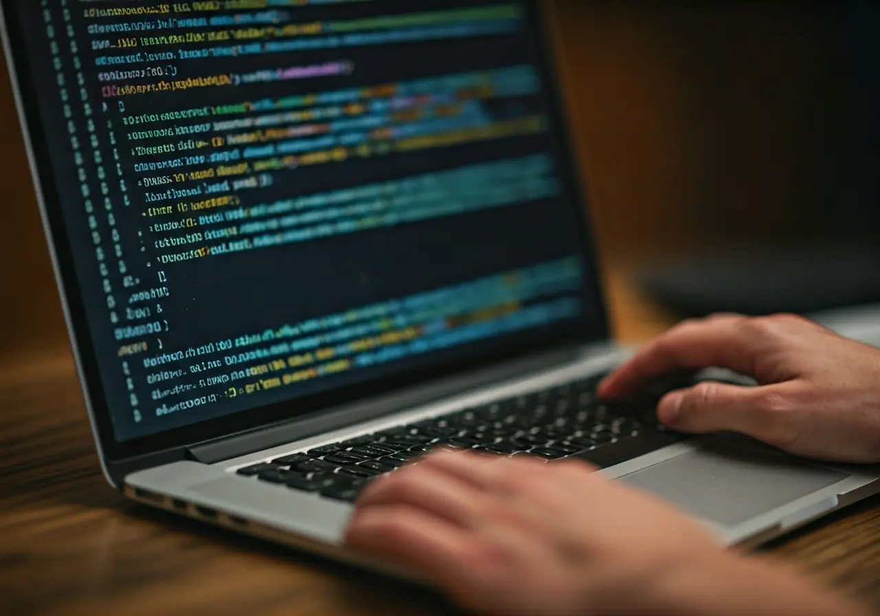 A close-up of a laptop with code on the screen. 35mm stock photo