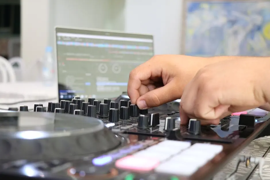DJ hands adjusting knobs on a mixer, creating music indoors with laptop interface visible.