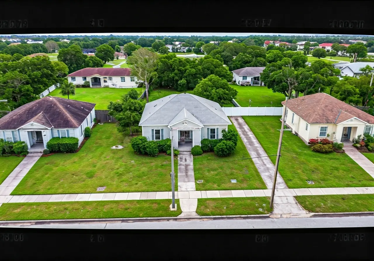 Aerial view of a distressed property in Tampa neighborhood. 35mm stock photo