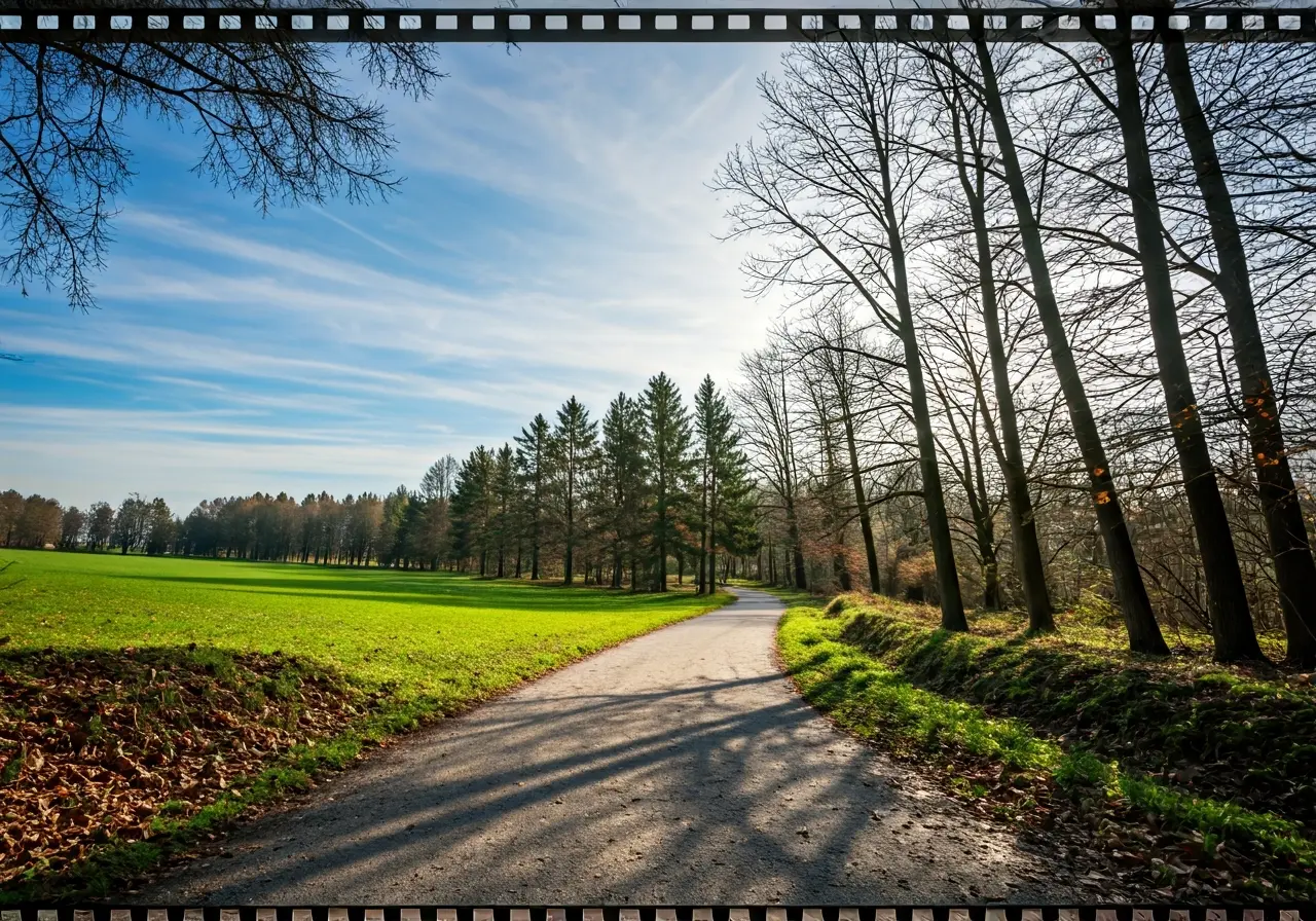 A peaceful nature landscape with a serene walking path. 35mm stock photo