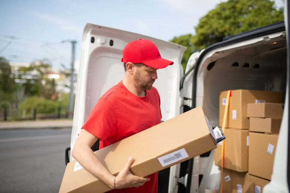 Courier in red uniform unloading packages from a delivery van on a sunny day.