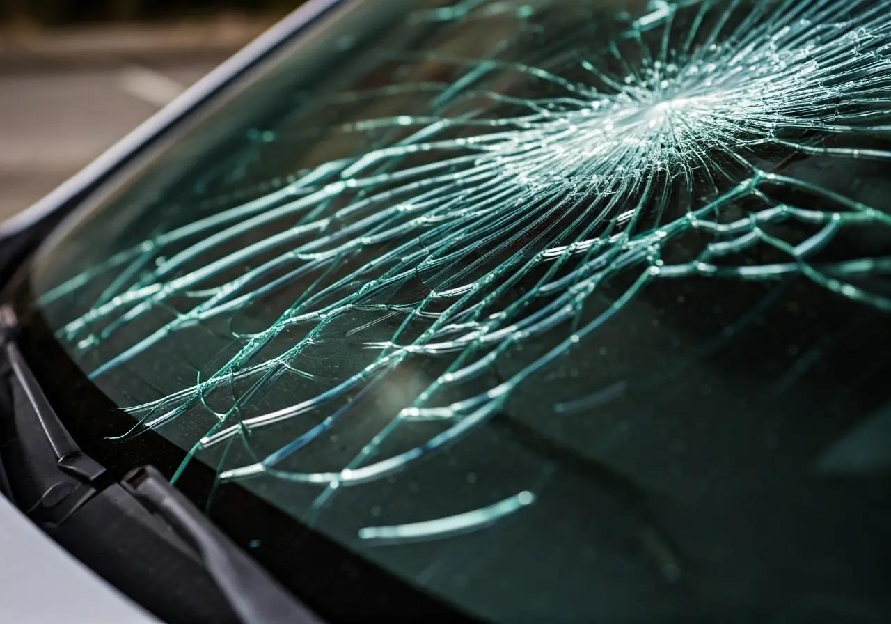 A close-up of a cracked car windshield being repaired. 35mm stock photo