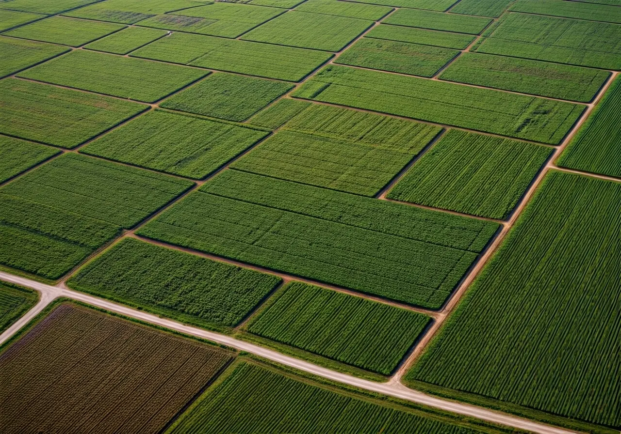 Aerial view of neatly arranged crops in geometric patterns. 35mm stock photo