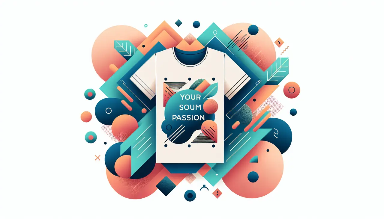 Draw a graphic in flat design style. A vibrant flat design illustration of a t-shirt with an inspiring quote, surrounded by abstract shapes and soft colors, conveying the theme of passion and motivation.