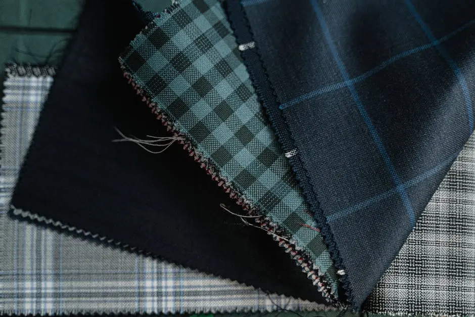 Detailed close-up of assorted plaid and checkered fabrics, showcasing textile textures and patterns.