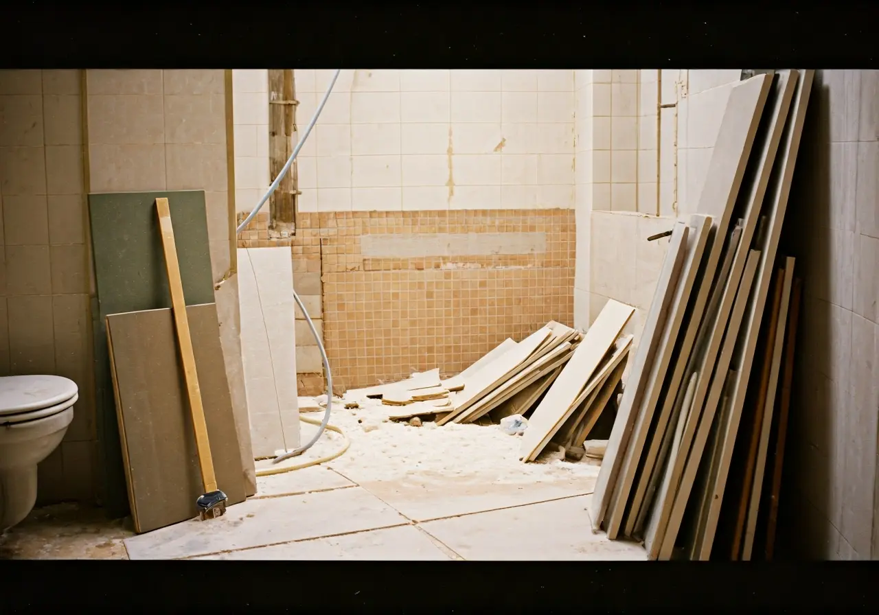 A cluttered bathroom under renovation with misplaced tiles and tools. 35mm stock photo
