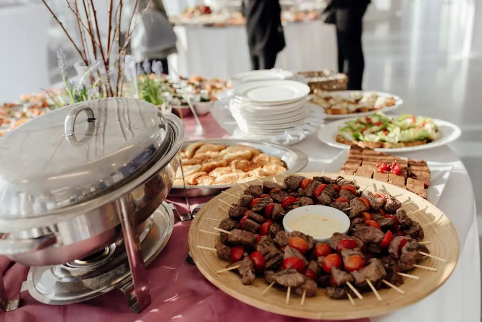 Elegant buffet featuring skewered meats, fresh salads, and assorted desserts at a festive event.