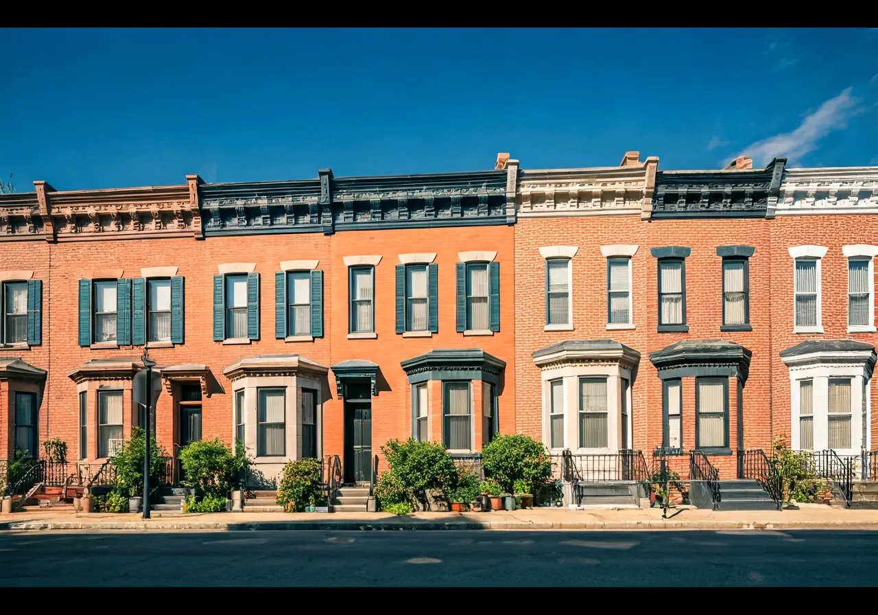 A row of charming Baltimore row houses under a blue sky. 35mm stock photo