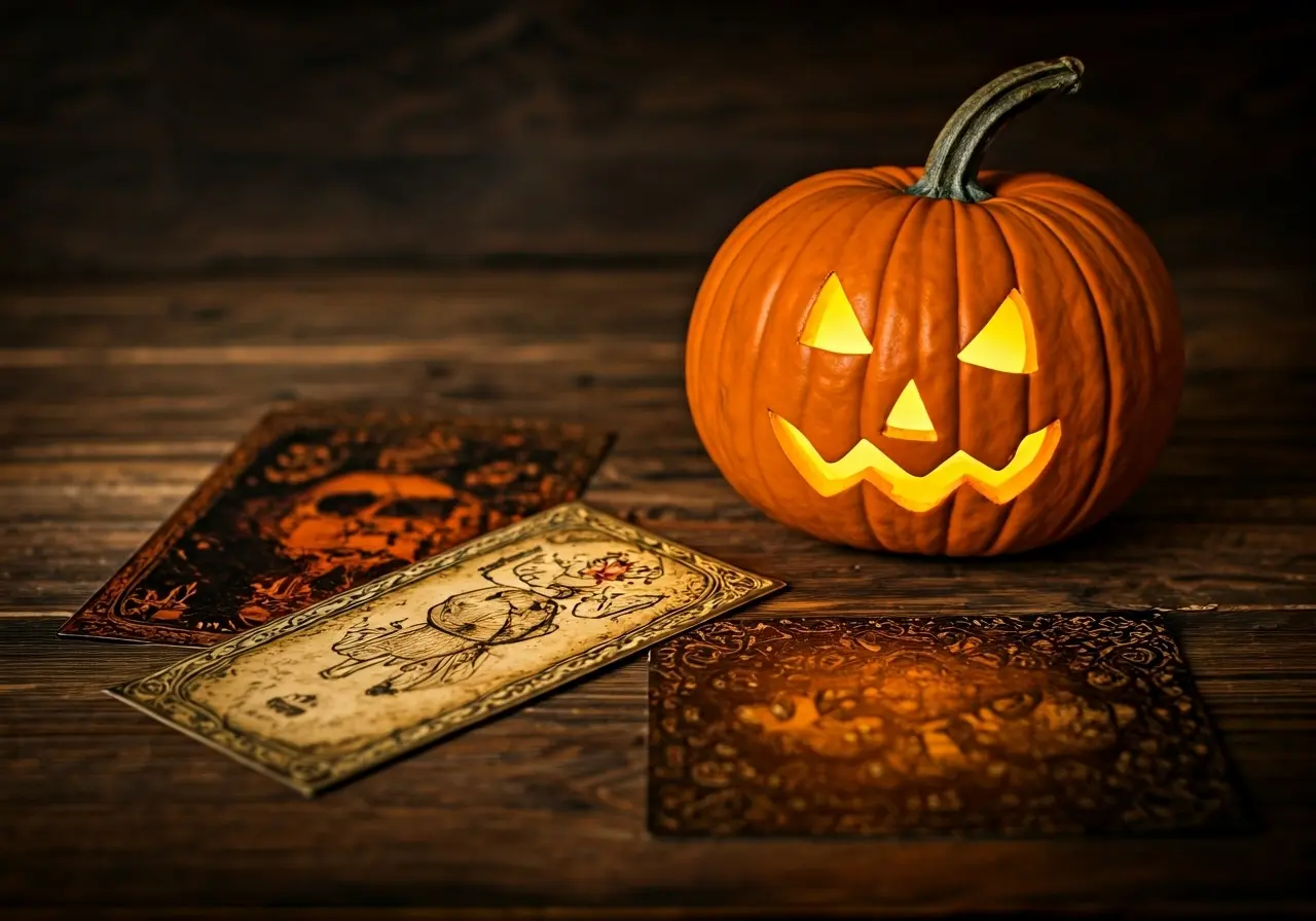 A spooky pumpkin glowing beside vintage Halloween invitation designs. 35mm stock photo