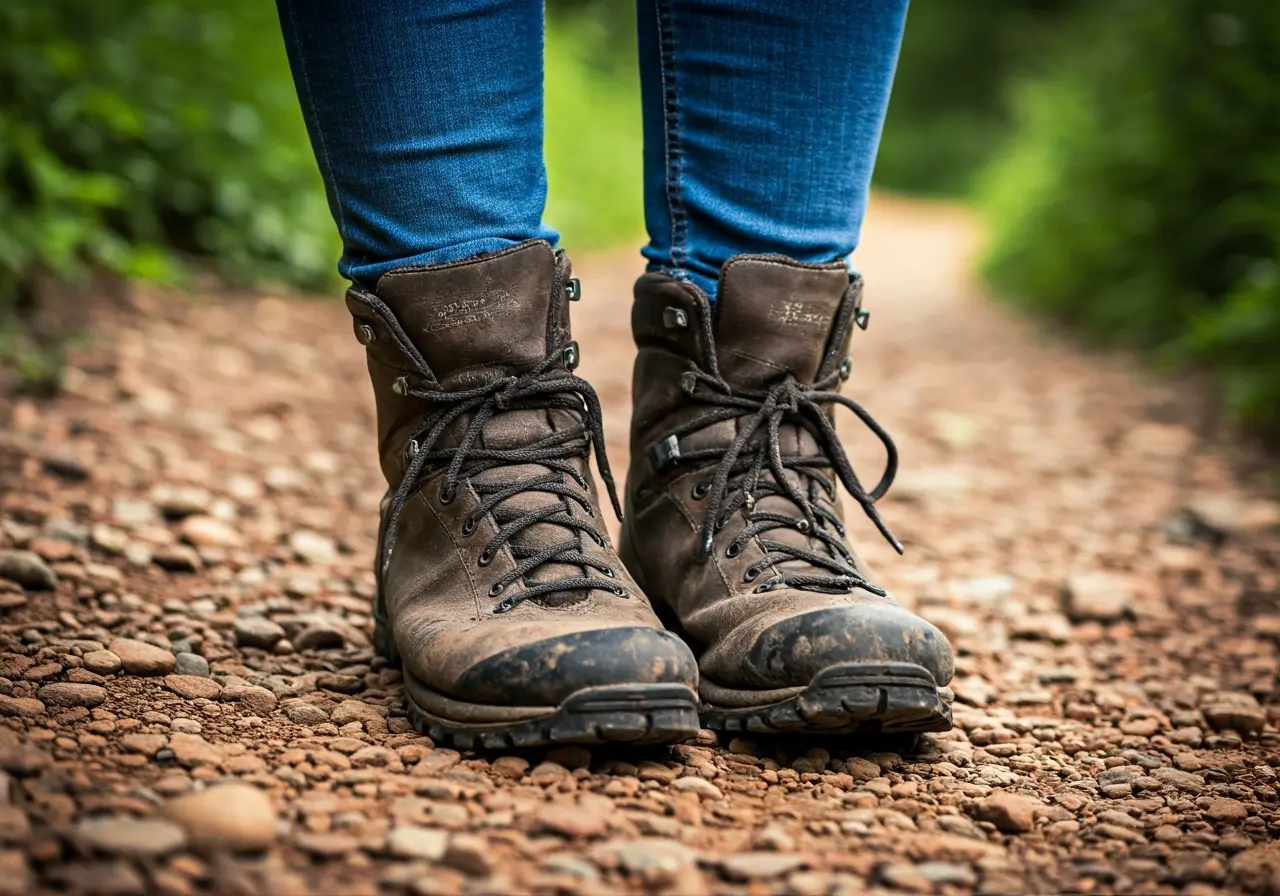 A pair of rugged barefoot hiking boots on a rocky trail. 35mm stock photo