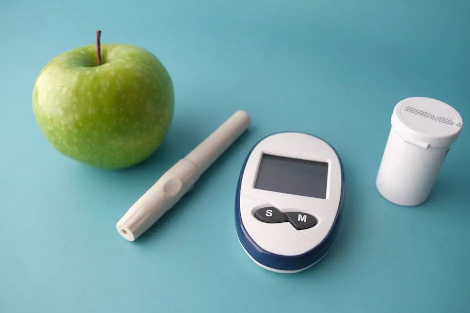 Flat lay of a glucose monitor, apple, and insulin pen on a pastel background.