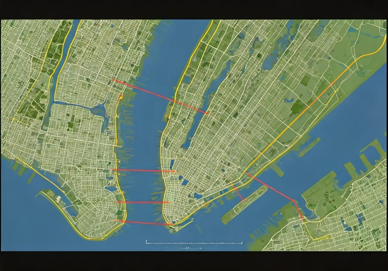 Aerial view of Brooklyn, Queens, and Long Island map. 35mm stock photo