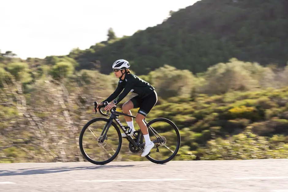 Sportswoman cycling on a scenic road surrounded by nature, showcasing athleticism and freedom.