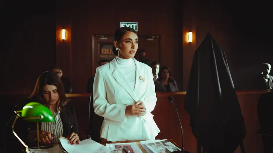 Confident professional woman stands in a courtroom, representing legal authority.