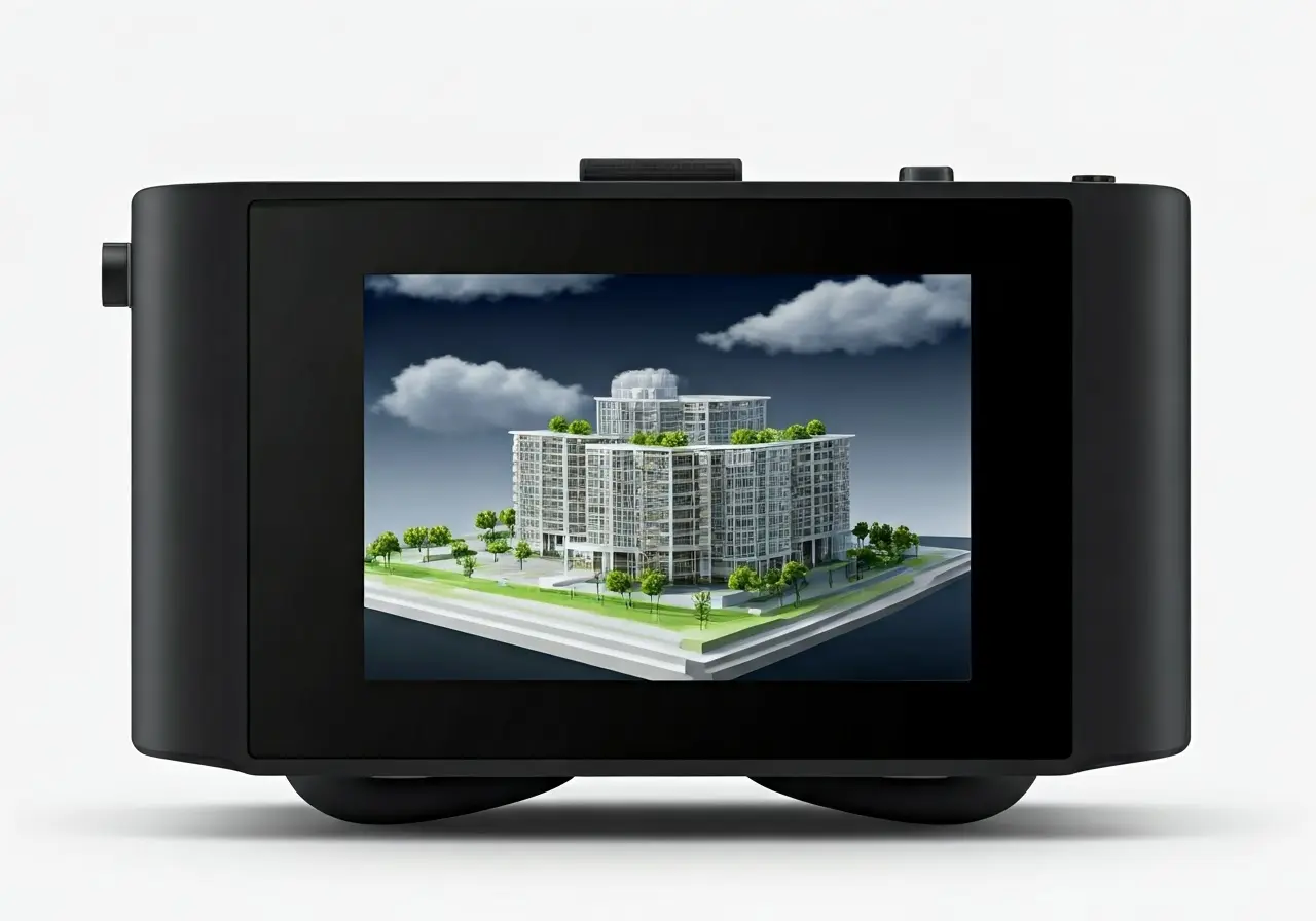 A VR headset displaying a detailed 3D architectural model. 35mm stock photo