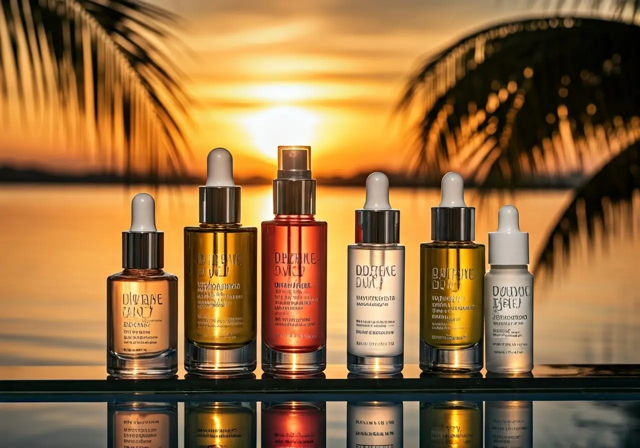 A collection of skincare serums displayed against a tropical sunset. 35mm stock photo